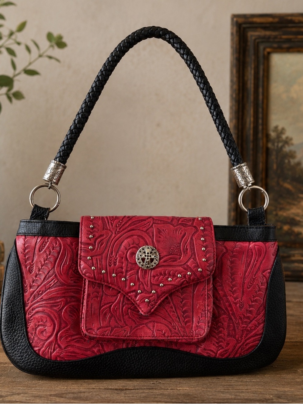Enmon Genuine Leather Tooled Shoulder Bag | Red & Black Embossed Western Purse